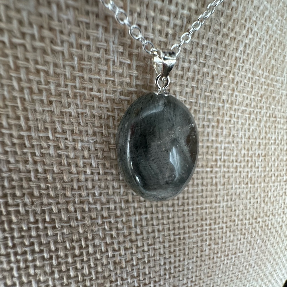 Grey Rabbit Hair Quartz Pendant on Sterling Silver Bail and Silver Plated Chain